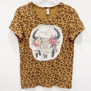 Alternative Animal Print Western Bull Skull Baby Tee Short Sleeve Large Tan